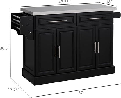 HOMCOM Rolling Kitchen Island Cart with Wheels, Portable Island Table for Kitchen with Stainless Steel Top, Adjustable Shelves, 2 Drawers, Spice, Knife and Towel Rack, Black