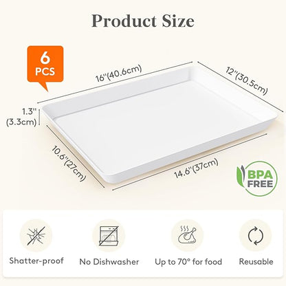 Lifewit Plastic Serving Tray for Party Supplies, 16" x 12" White Trays for Serving Food, Reusable Large Platter for Buffet, Fruit, Dessert, Snack, Veggie, Kitchen and Outdoor Use, Rectangle, 6 Pcs