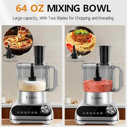 Camic 600W Food Processor, 72OZ Large Capacity Countertop Electric Vegetable Chopper with 6 Preset Programs,BPA Free, Stainless Steel Blades for Ice Crushing, Mixing, Chopping,Clicing