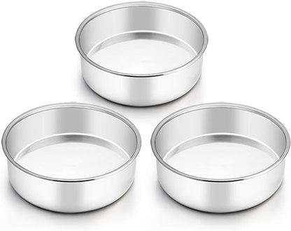 TeamFar 6 Inch Cake Pan, Round Cake Pan Tier Baking Pans Set Stainless Steel, Fit in Pot Pressure Cooker Air Fryer, Healthy & Toxic Free, Mirror Finish & Sturdy, Oven & Dishwasher Safe - Set of 3