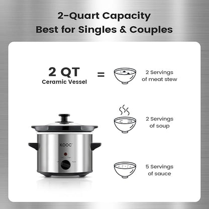 KOOC Small Slow Cooker, 2 Quart, Free Liners Included for Easy Clean-up, Upgraded Ceramic Crock, Adjustable Temp, Nutrient Loss Reduction, Stainless Steel, Silver, Round