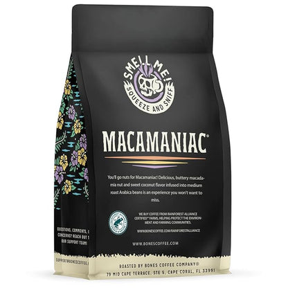 Bones Coffee Company Macamaniac, Macadamia and Coconut Flavored Coffee, Medium Roast Low Acid Arabica Beans Compatible with Auto drip and French Press Coffee Maker, 12 Oz Ground
