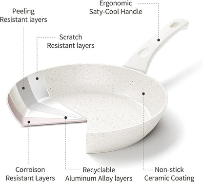 Ceramic Non Stick Frying Pan - 9.5 Inch Ceramic White Non Stick Skillet Frying Pans, Safe&No Toxic Egg Omelette Frying Pan, Nonstick Cookware Cooking Pan, Induction Compatible, PFOA&PFAS Free