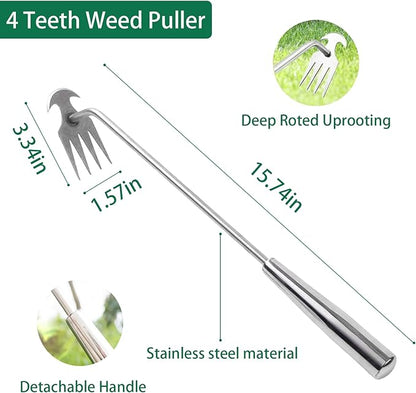 3 Pack Weed Puller Tool, Manual Stainless Steel Weeding Tool, L-Shape Crack Sickle and 4 Teeth Weeder Tool with Gloves for Lawn Vegetable Garden Farm Planting