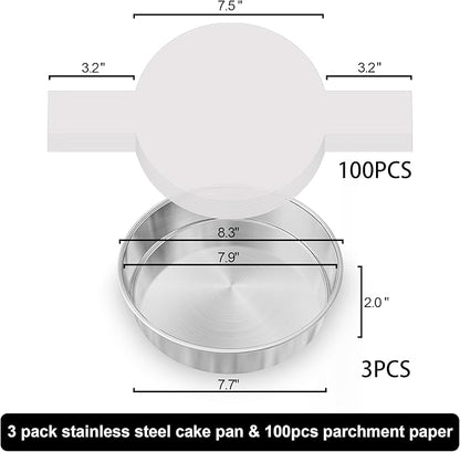 8 Inch Round Cake Pans Set of 3, Nonstick Stainless Steel Baking Pans Set with 100PCS Parchment Papers, Durable Birthday Christmas Circle Layer Cake Pans, Cake Pans Sets for Baking, Dishwasher Safe