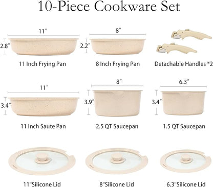 ESLITE LIFE Nonstick Cookware Sets with Detachable Handle,Ceramic Coating Pots and Pans Set Kitchen Cooking Set, Compatible with All Stovetops, PTFE & PFOA Free, White, 10 Pcs Set