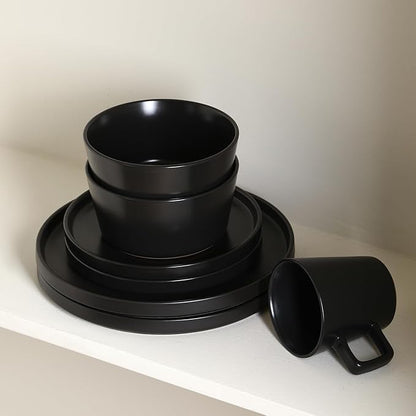 Stone Lain Celina Stoneware 32 Piece Dinnerware Set, Plates and Bowls, Black Matte Dish Collection, Service for 8 – Contemporary Minimalist Style, Microwave & Dishwasher Safe