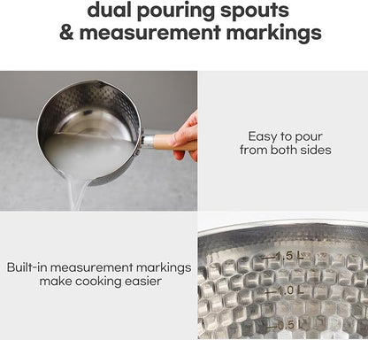 2 Quart Stainless Steel Pot With Glass Lid. Traditional Japanese Saucepan Wth Wood Handle, Multipurpose Sauce Pan With Two Side Pour Spouts & Measurement Line, Great for Ramen, Milk etc.