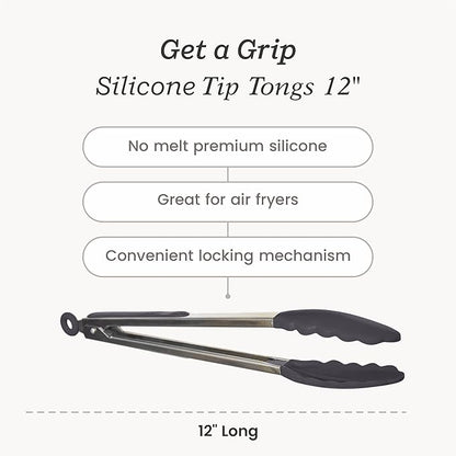StarPack Premium Silicone Kitchen Tongs 12-Inch - Stainless Steel with Non-Stick Silicone Tips, High Heat Resistant to 600°F, For Cooking, Serving, Grill, BBQ & Salad (Gray Black)