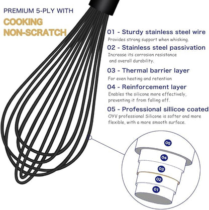 Dishwasher Safe Silicone Whisk, Sealed Waterproof Design Set of 3, Professional Kitchen Whisks for Cooking Non-Scratch, Silicone & Stainless Steel Whisk, Heat Resistant Balloon Egg Beater, Black