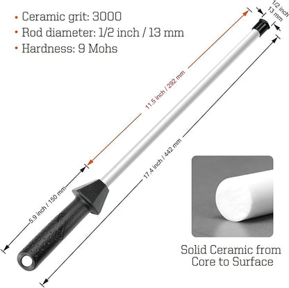 Total L.17.5-Inch/Rod L.12-Inch 3000-Grit Ceramic Sharpening Steel with Built-In Angle Guides and Anti-Breaking Cap, Sharpening Rod, Knife Steel, Ceramic Honing rod, Chaira Afilador Cuchillos