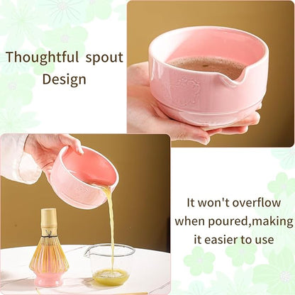 Matcha Tea Set, 5-Piece Ceramic Matcha Bowl & Whisk Kit with Cute Cat Pattern, Traditional Japanese Chawan, Scoop & Sifter, Perfect for Tea Ceremony, Gift for & Tea Lovers (pink)