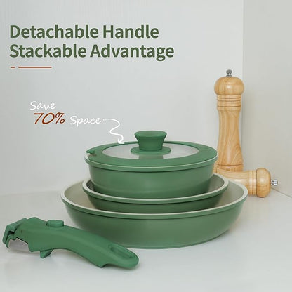 8PCS Ceramic Cookware,Nonstick Ceramic Pan, Removable Handle Pots and Pans Set, Stackable Set, Nonstick Pan Pots and Pans Set Non Stick pot (Green)