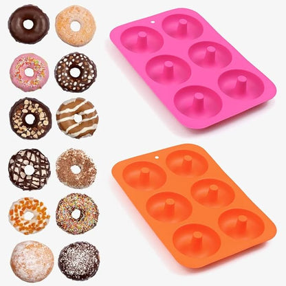 Newk Silicone Donut Pan, 6 Cavity Non-Stick Silicone Donut Mold for Donuts, Bagels - Set of 4, Blue+ Light Green+ Rose Red+ Orange