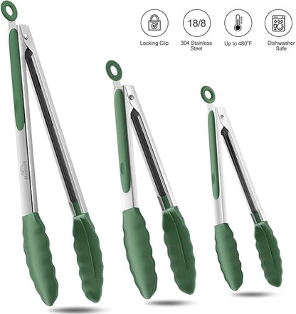 600ºF Heat Resistant Kitchen Tongs, Premium Locking Cooking Tongs with Silicone Tips, Non-Slip Food Tongs for Cooking, Non-Stick, Heavy Duty Stainless Steel Handle, Set of 3-7" 9" and 12" Turquoise