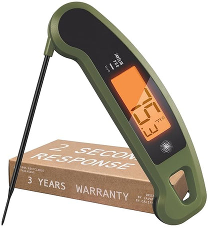 Lavatools Javelin® PRO Duo Ultra-Fast 2-Second Professional Digital Instant Read Meat Thermometer for Grill and Cooking, Auto-Rotating Backlit Display, IP65 Water Resistant – Olive
