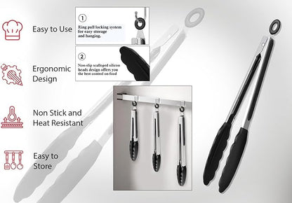 Red Stainless Steel Tongs Heat Resistant Kitchen Tongs Set - 7", 9" & 12" Inch, BBQ Tongs with Silicone Tip, Strong Grip for Cooking, Salad Tossing,Air Fryer, &Grill Tongs- Pull Lock, Red - Set of 3