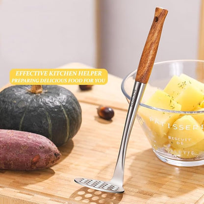 Avocado Masher Stainless Steel Small, Mini Potato Masher, Wooden Handle Potatoes Masher Kitchen Tool for Avocado, Potatoes, Beans, Vegetables, 8.7Inch Metal Mashing Utensil