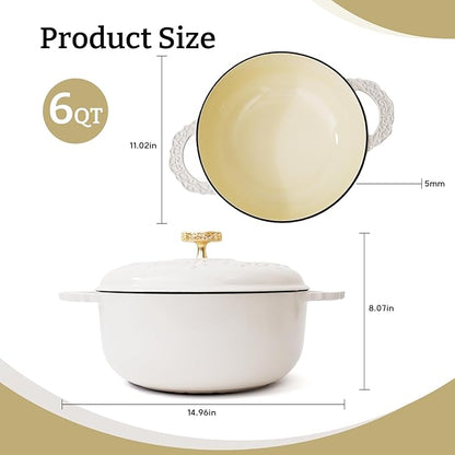 6 Quart Chip-resistant Enameled Cast Iron Dutch Oven Pot with Lid and Elegant Gold Hollow Knob With Handcrafted Inlaid Cubic Zirconia Detail, Safe For Bake,Stew, Braise, Boil, Deep Fry, Roast (White)