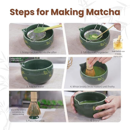 Matcha Whisk Set, Ceramic Bowl with Spout, Matcha Whisk & Holder, Bamboo Scoop & Spoon, Scoop Rest, Sifter, Towel, 8 Pcs Complete Kit for Tea Ceremony, Gift for Friend/Family(Green)