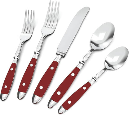 Retro 20-Piece Silverware Set, 304 Riveted Stainless Steel Flatware Set, Vintage Cutlerywith Red Bakelite Handle, Dishwasher Safe| Service for 4