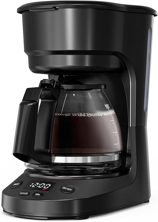 WAA 5 Cup Drip Coffee Maker, Portable Coffee Machine with Programmable Timer, Coffee Pots with Reusable Filter, Auto Shut-Off and Keep Warm Plate, Delay Brew, 25oz Water Tank, Black
