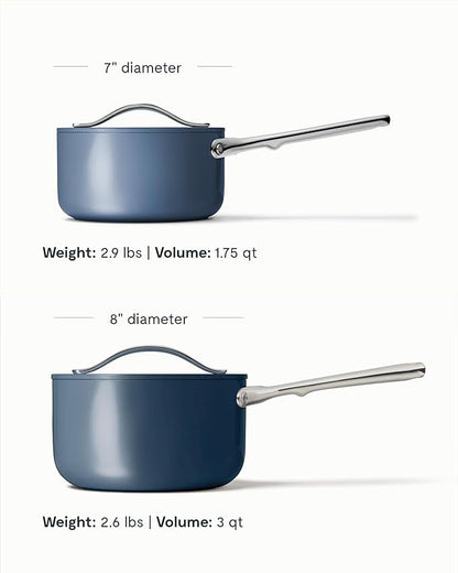 Caraway Nonstick Ceramic Sauce Pan with Lid (3 qt) - Non Toxic, PTFE & PFOA Free - Oven Safe & Compatible with All Stovetops (Gas, Electric & Induction) - Navy