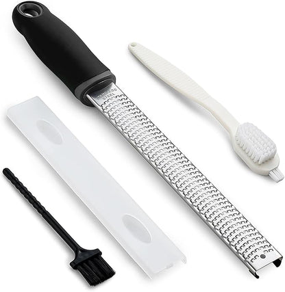 Koythin Zester, Lemon Zester & Cheese Grater with Brush, Heavy Duty Kitchen Tool for Zesting Citrus, Parmesan Cheese, Chocolate, Ginger, Fruits, Stainless Steel with Handle and Cover (Black)