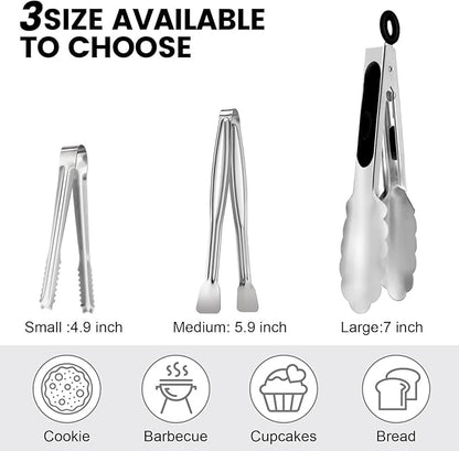 CHENGU 12 Pack Stainless Steel Kitchen Tongs 5/6/7 Inches Food Serving Clip Kitchen Cooking Tongs High Heat Resistant Clips for Cooking Non Stick Grill Salad (Black and Silver, Regular)