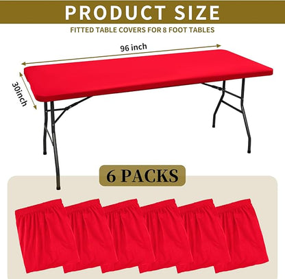6 Pack Stretch Fabric Table Top Cap Cover, fits 8' Tables, Spandex Table Covers Washable Elastic Universal Rectangle Tablecloth Protector for Indoor Outdoor Party Picnic Wedding, Red, 30" W x 96" L