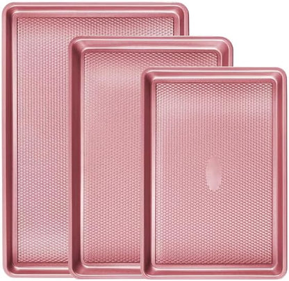Nonstick Baking Sheet Pan Set of 3, Heavy Duty Cookie Sheets for Oven, 0.6mm Thick Quarter Size & Half Size & Jelly Roll Pan, Rustproof & Easy Clean with Textured Surface(Pink)