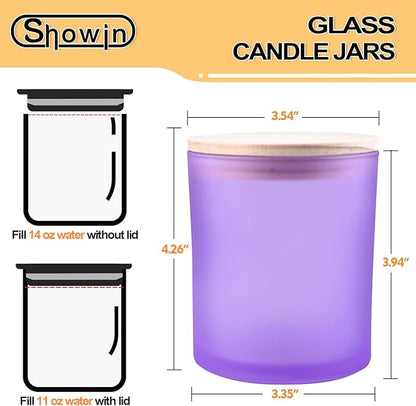 SHOWIN 14 OZ Thick Candle Jars for Making Candles 12 Pcs, 3 Wick Empty Jars with Wood Lids for Candle Making, Sample Container, Frosted Purple
