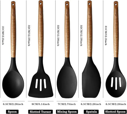 Kitchen Utensils Set, Silicone Cooking Utensils Set,Non-Stick Silicone Spatula Set with Natural Acacia Hard Wood Handle, 5 Piece, Upgraded Thickened Cookware