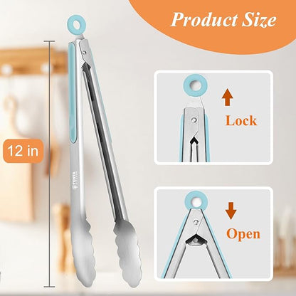 Tongs for Cooking, 12-Inch Stainless Steel Kitchen Tongs, Locking Metal Food with Silicone Non-Slip Grip, Kitchen Utensils for Food, Salad and Outdoor BBQ, Set of 4 (Blue)