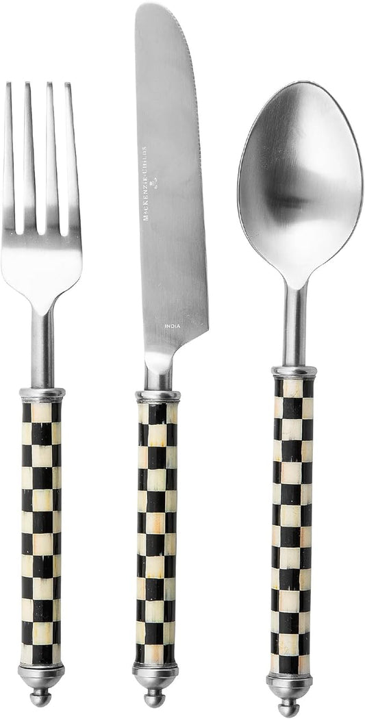 MACKENZIE-CHILDS Supper Club 3-Piece Place Setting, Fork, Spoon, and Knife Dinner Flatware Set, Black-and-White Courtly Check