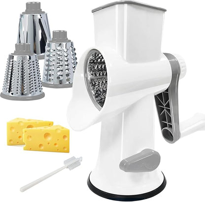 Cheese Grater MultiFunction Rotary Cheese Grater Hand Crank – Cheese Shredder Effortlessly Shred,Slice,Chop.Applicable to Cheese, Vegetables,Fruits,Nuts,Non-Slip Suction Base,Easy to Clean (white)