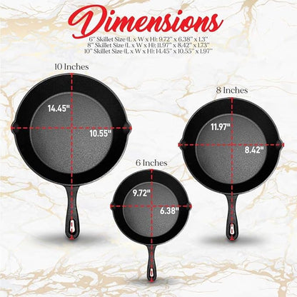 NutriChef Pre-Seasoned Cast Iron Skillet Pans - 3 Pieces Kitchen Frying Pan Nonstick Cookware Set w/Drip Spout - Includes Scraper - Electric Stovetop, Induction, Gas Range, Ceramic - NutriChef NCCI76