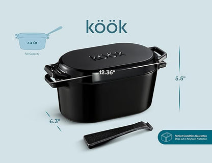 Kook Dutch Oven with Lid, Sourdough Bread Baking Supplies, Banneton Bread Proofing Set, Dual Handles, Enameled Cast Iron, Great for Baking Bread, 3.4 Qt, Artisan Sourdough Bread Making Kit, 9.8 Inch Rattan Baskets and Liners, Oval