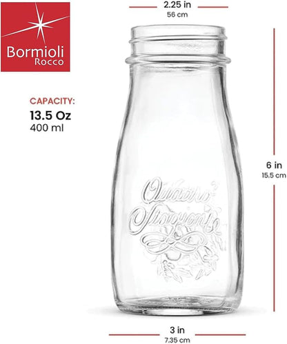 Bormioli Rocco Quattro Stagioni, Glass Canning Jar and Drinking Bottle, 13.5 Oz. with Gold Metal Airtight Lid, Made in Italy.