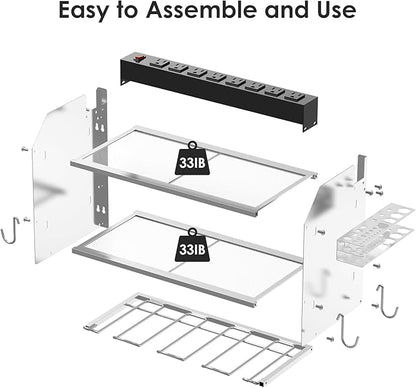 CCCEI Modular Power Tool Organizer Wall Mount with Charging Station. Garage Drill Storage Shelf with Hooks, Heavy Duty Rack, Tool Battery Holder Built in 8 Outlet. Gift for Men. Silver, 1 Pack.