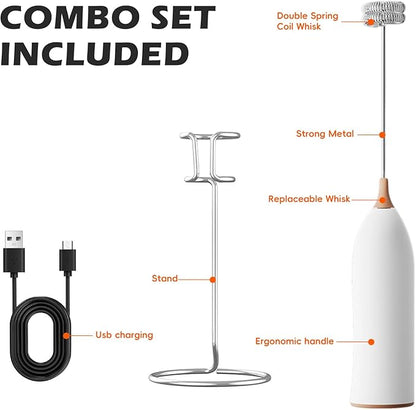 Electric Milk Frother-Handheld Drink Mixer - Electric Whisk Foam Maker for Coffee, Lattes, Cappuccino, Matcha, Hot Chocolate & Creamer (Stand with USB Rechargeable, white)