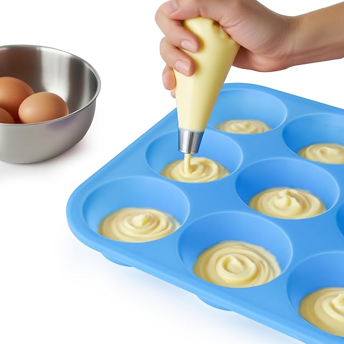 Bangp 12-Cup Silicone Muffin Pan with Metal Reinforced Frame,2 Pack Regular Size Cupcake Pan,Premium Non-Stick Bend Resistance Silicone Molds for Making Muffin,Cakes,Tart,Egg Bites (Blue)