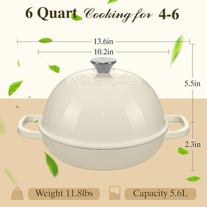 Enameled Round Cast Iron Bread Oven, 6 Qt Cast Iron Dutch Oven for Homemade Sourdough Bread Baking, Bread Pot with Dome Lid & Cotton Potholders (Cream White)