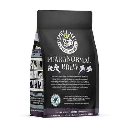 Bones Coffee Company Pear-Anormal, Caramel and Spiced Pear Flavored Coffee, Medium Roast Low Acid Arabica Beans Compatible with Auto drip and French Press Coffee Maker, 12 Oz Ground