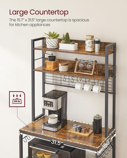 VASAGLE Hutch Bakers Rack with Power Outlet, 14 Hooks Microwave Stand, Adjustable Coffee Bar with Metal Wire Panel, Kitchen Storage Shelf, 15.7 x 31.5 x 66.9 Inches, Rustic Brown and Black UKKS025B01