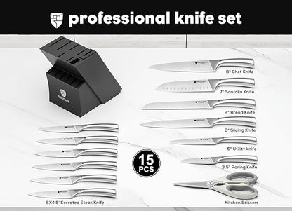 BRODARK Knife Block Set: Kitchen Knives Set with Block and Sharpener, 15 Pcs Ultra Sharp Chef knife, High Carbon Stainless Steel, Ergonomic Handle Non-Slip Grip, Silver Wolf Series for Christmas Gift