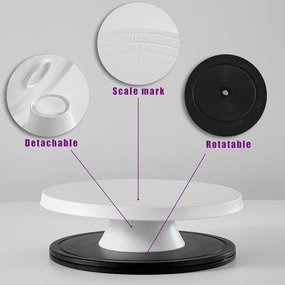 Cake Stand, 12'' Rotating Cake Turntable Revolving Cake Spinner Stand Cake Decorating Kit Display Stand Bamboo Fiber Turns Smoothly Painting Turn Table Stand for Pastries, Cupcakes(White, L)
