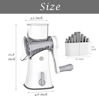 Ourokhome Rotary Cheese Grater Shredder, Multifunction 5 in 1 Kitchen Manual Speed Round Mandolin Food Slicer Vegetable Shooter Potato Hashbrown Grinder for Nut, Carrot, Radish, Cucumber, White
