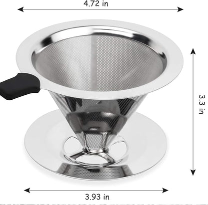 Slow Drip Paperless Coffee Filter, Pour Over Coffee Dripper, Reusable Pour Over Coffee Maker for Single Cup Brew, Double Mesh Design of Stainless Steel Cone Filter, with Clean Brush (1-4 cups)
