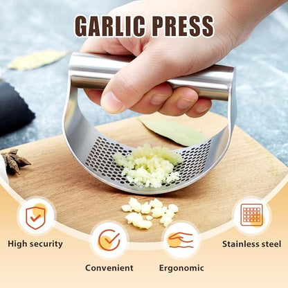 Stainless Steel Garlic Press, 2026 Upgrade Garlic Press Rocker Heavy Duty Stainless Steel Garlic Mincer, Heavy Garlic Chopper with Peeler And Cleaning Brush (2PCS With Corkscrew)